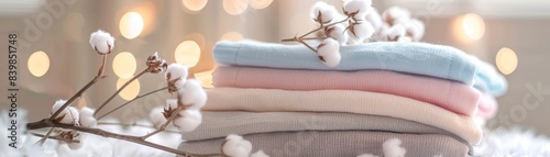 A stack of towels with flowers in the background. The towels are in different colors and are piled on top of each other