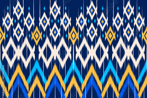 Pixel ethnic pattern, Vector embroidery pattern background, Geometric traditional triangle style, Blue and orange pattern knitting vintage, Design for textile, fabric, batik, kaftan, fibres