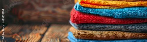 A pile of knit sweaters in various colors. The pile is stacked on top of each other, with the red sweater on the bottom and the yellow sweater on top. The colors of the sweaters create a vibrant