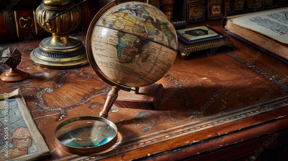 Unveiling the World: Antique Globe and Magnifying Glass on Mahogany Desk for Exploration and Discovery