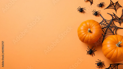 Halloween decorations made from pumpkin, paper bats and black spider on pastel orange background. Flat lay, top view with copy space for text.