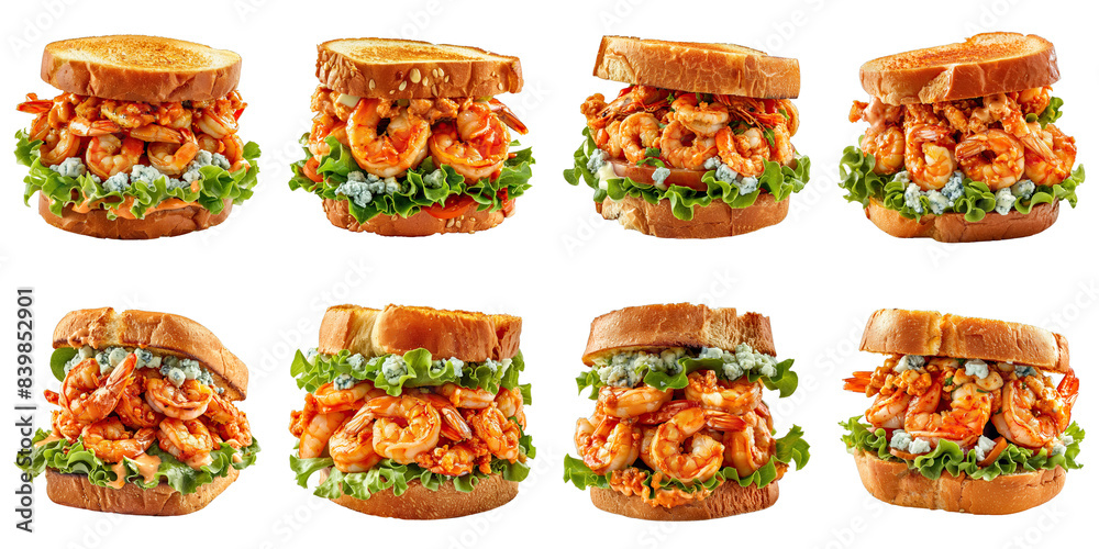 Set of Buffalo Shrimp Sandwich With Blue Cheese isolated on transparent png background. Generative ai Set of Buffalo Shrimp Sandwich With Blue Cheese isolated on transparent png background. Generative ai