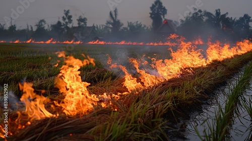 Flames on the edge of the rice fields photo