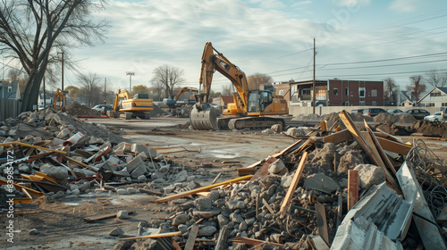 Construction and demolition waste at the project site  piles of concrete rubble  wood and metal scattered around  heavy equipment and workers busy in the background  Ai generated images