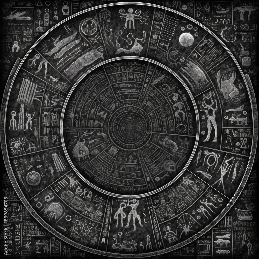 Naklejka premium a black & white circle of alien inscriptions telling a story, black background, wall texture
