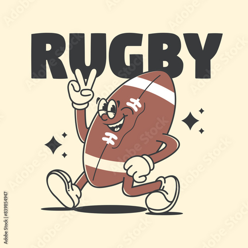 Funny cartoon character of rugby ball. Can be used as Sticker, posters, prints. Retro cartoon style. Vector illustration