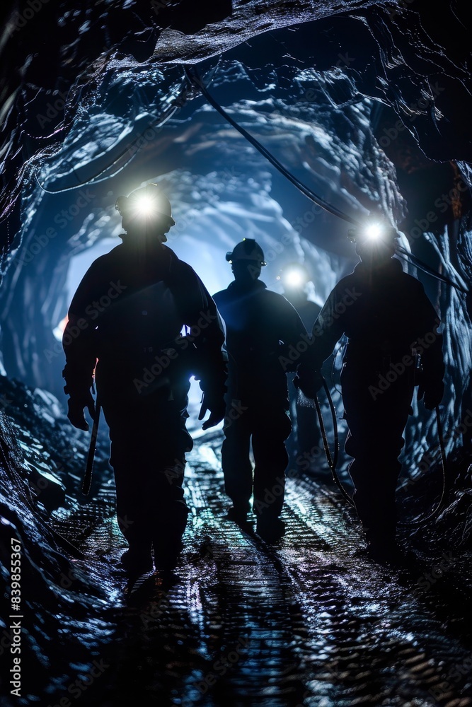 Obraz premium A man in a black suit is walking through a tunnel with two other people. The tunnel is dark and the man is wearing a helmet