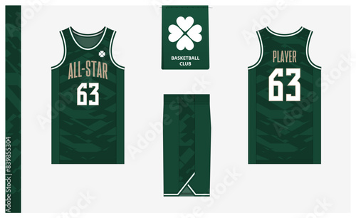 Basketball uniform mockup template design for sport club. Basketball jersey, basketball shorts in front and back view. Basketball logo design. 