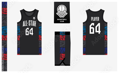 Basketball uniform mockup template design for sport club. Basketball jersey, basketball shorts in front and back view. Basketball logo design. 