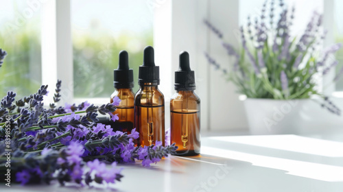 Fragrant Lavender Flowers and Amber Bottles of Essential Oils