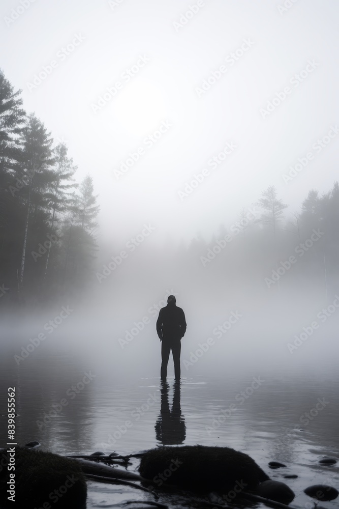 Fototapeta premium A man stands on a lake in the fog. The scene is quiet and peaceful, with the man being the only person in the image. The fog adds a sense of mystery and solitude to the scene