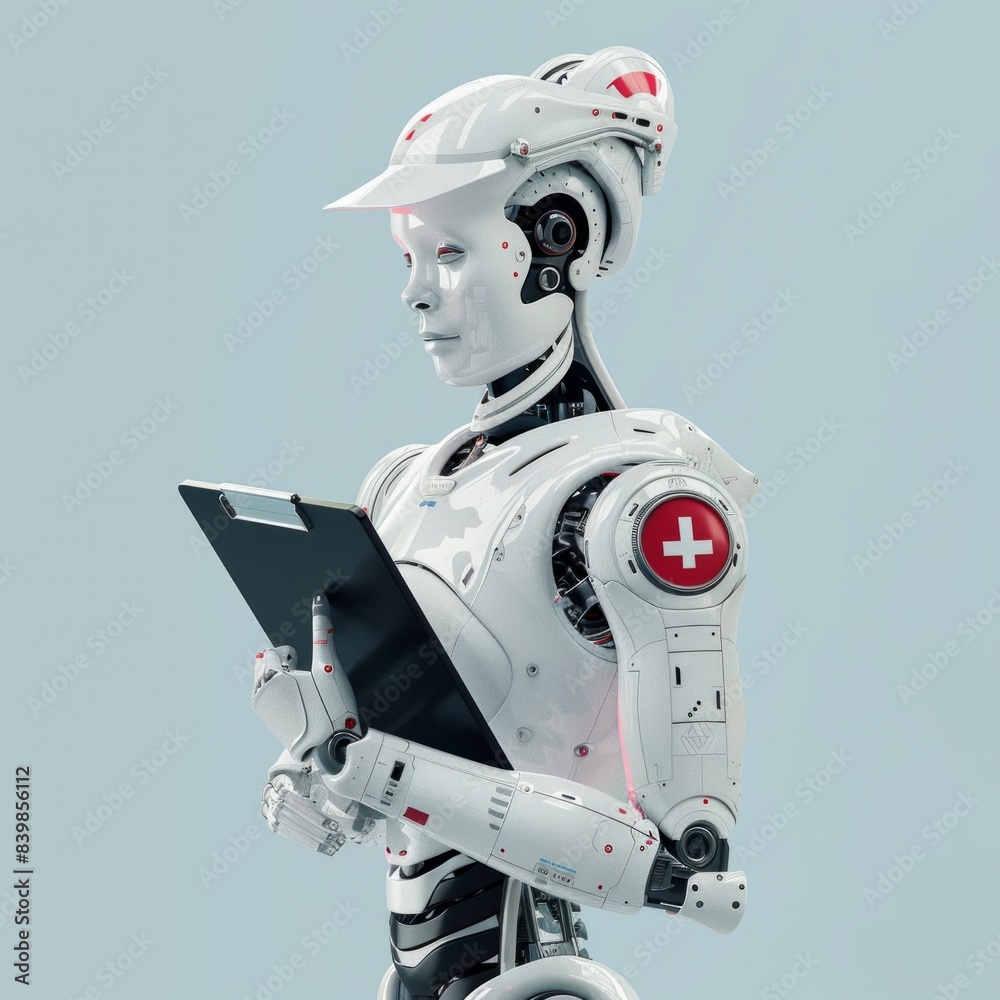 Robot Nurse A caring robot with a nurse cap and a clipboard, in soothing white and pastel red, AI Generative Robot Nurse A caring robot with a nurse cap and a clipboard, in soothing white and pastel red, AI Generative