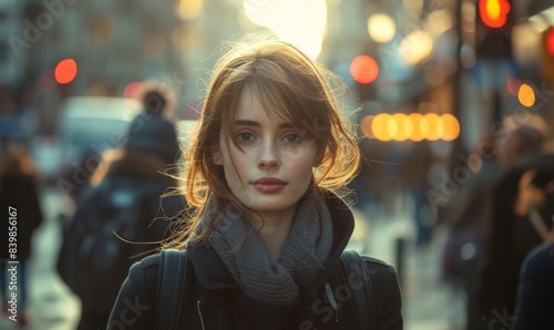 A stunning shot of an attractive young European woman walking down the street of a busy city, in a serene and calm style.