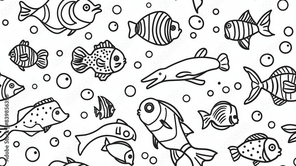 Simple line drawings of various fish species swimming, creating an underwater theme seamless pattern Simple line drawings of various fish species swimming, creating an underwater theme seamless pattern