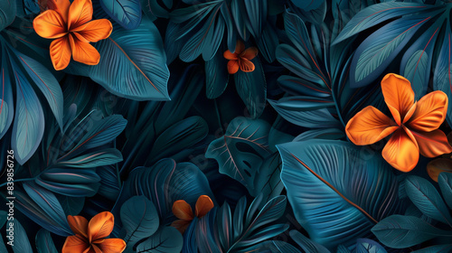 Abstract dark green and blue leaves with orange flowers  exotic jungle plants in the style of vector illustration background