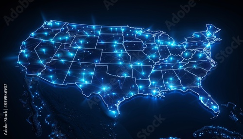 3d render of map with glowing blue lights in the shape and outline of USA on dark background, globe view from space, global network concept