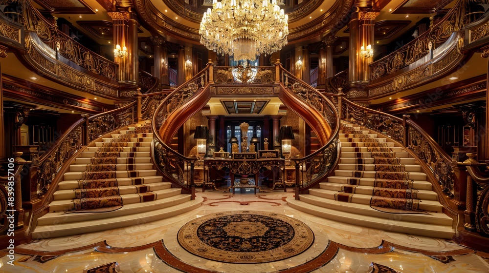Obraz premium A grand staircase in an opulent mansion, adorned with intricate railings, chandeliers, and luxurious carpets, epitomizing affluence, prestige, and an extravagant lifestyle