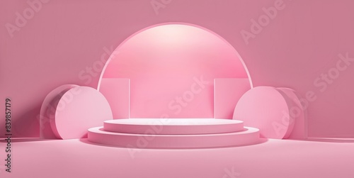 Pink scene with geometric shapes. Minimal style. Empty product display with light circle on background