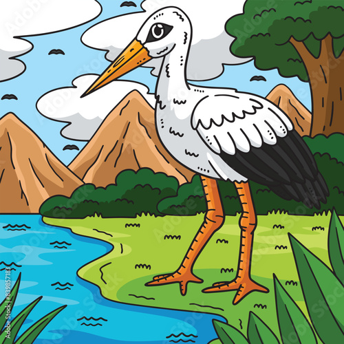 White Stork Bird Colored Cartoon Illustration