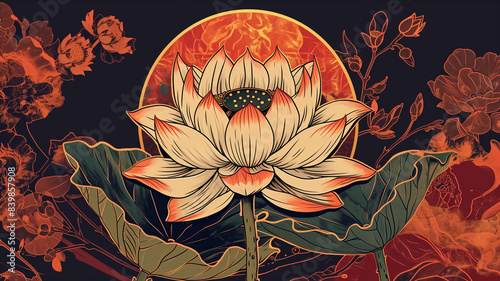 Vibrant Lotus Flower Illustration with Fiery Background and Artistic Floral Elements in a Modern, Abstract Style