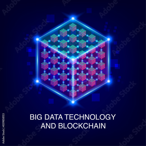 Blockchain and Big Data Storage: Digital Technology Concept - Perspective Modern Data Cube, Edge Computing and Blockchain. Vector Illustration