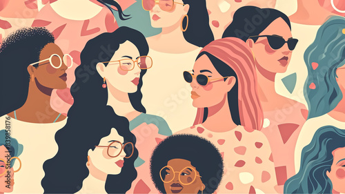Diverse Group of Stylish Women in Sunglasses - Modern Vector Illustration of Fashionable Females with Various Hairstyles and Accessories in a Colorful, Abstract Background