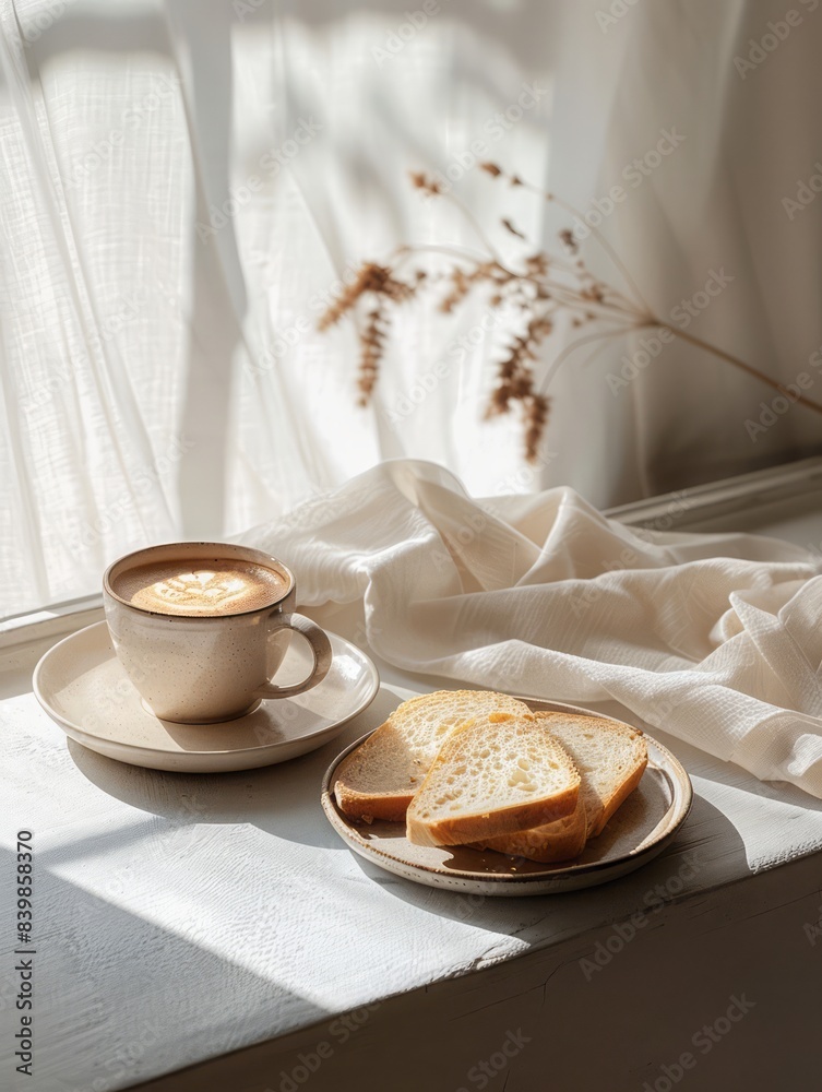 Morning Coffee with Assorted Sweets, bread on a plate , soft light and shadow of window. Morning Coffee with Assorted Sweets, bread on a plate , soft light and shadow of window.