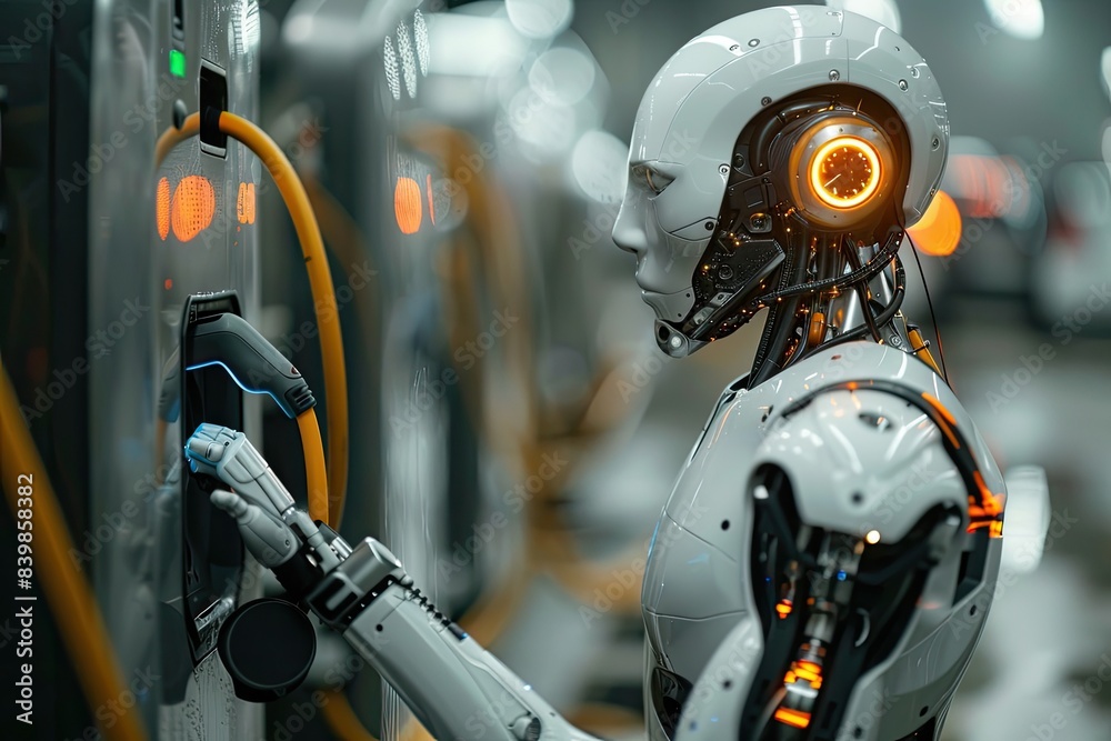 Fototapeta premium Futuristic Robot Charging Electric Car at High-Tech EV Station with Glowing Lights