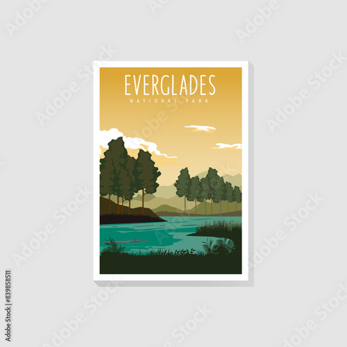 Everglades National Park poster illustration, Beautiful Swamp scenery with stork and crocodile poster design