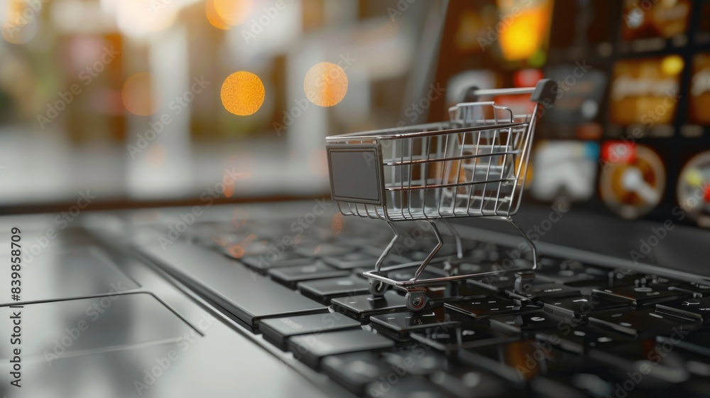 Online shopping e-commerce and customer experience concept: cashiers with shopping cart on a laptop keyboard, depict shopper consumers buy or purchase goods and services at home or office Online shopping e-commerce and customer experience concept: cashiers with shopping cart on a laptop keyboard, depict shopper consumers buy or purchase goods and services at home or office