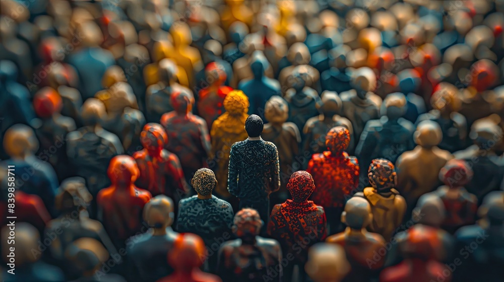 Obraz premium Diverse Crowd: A Standout Individual Among Colorful People Representing Inclusion and Unity