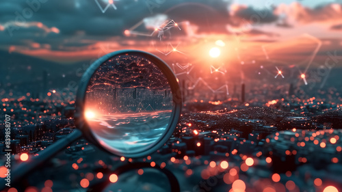 Magnifying Glass Over Futuristic Cityscape at Sunset with Digital Network Connections and Glowing Lights