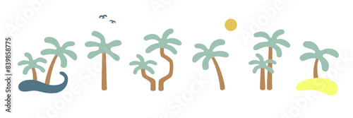 boho groovy palm tree beach sun sea. Surf club vacation and sunny summer day aesthetic. Vector illustration background in trendy retro naive simple style. Pastel yellow blue braun collors