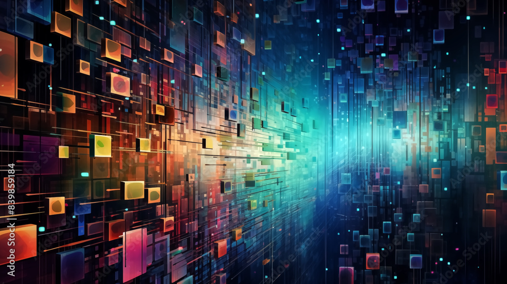 Abstract Digital Art with Colorful Geometric Shapes and Lines in a Futuristic Technology Background Abstract Digital Art with Colorful Geometric Shapes and Lines in a Futuristic Technology Background