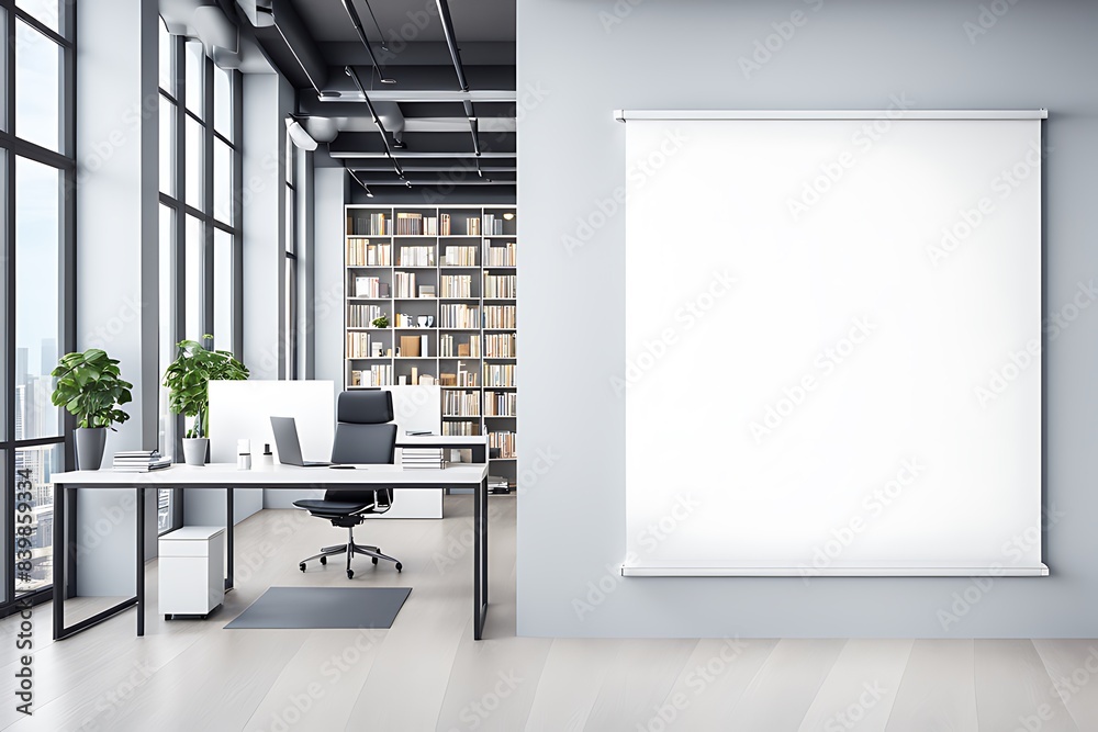 Fototapeta premium Modern Light Office with Blank Mockup Banner, Shelves, and City View 3D Rendering