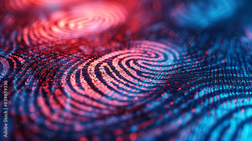 Close-Up of Vibrant Fingerprint Patterns in Red and Blue Light, Symbolizing Security, Identity, and Technology in a Digital World Close-Up of Vibrant Fingerprint Patterns in Red and Blue Light, Symbolizing Security, Identity, and Technology in a Digital World