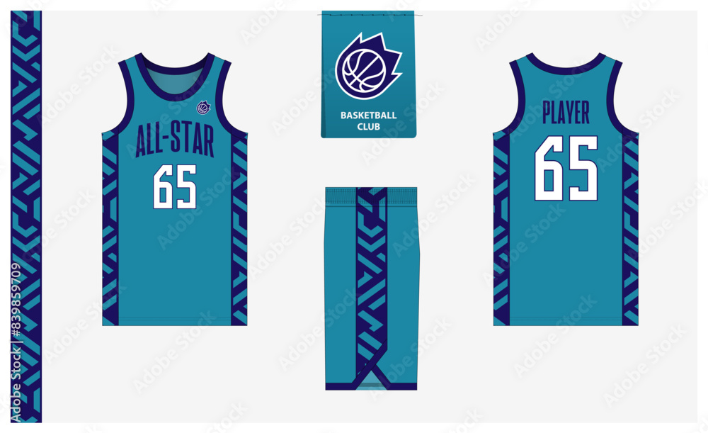 Fototapeta premium Basketball uniform mockup template design for sport club. Basketball jersey, basketball shorts in front and back view. Basketball logo design. 