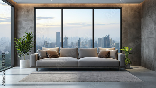 High rise apartment living room with luxurious sofa and unique interior design