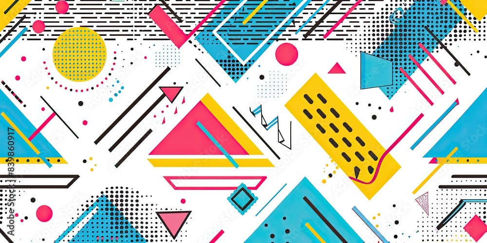 A white background with colorful geometric shapes and lines in the style of 80s culture, featuring bright teal color arrows pointing up and down, red circles, A white background with colorful geometric shapes and lines in the style of 80s culture, featuring bright teal color arrows pointing up and down, red circles,