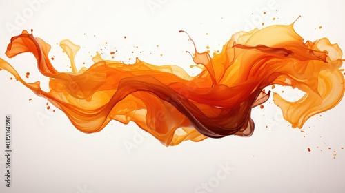 Vibrant orange and red fluid splash painting on white background, showcasing movement and dynamic liquid art.