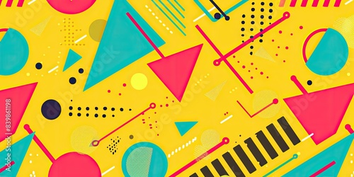 Mustard background with colorful geometric shapes and lines in the style of 80s culture  featuring bright red arrows pointing up and down  green circles