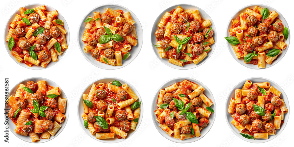 Set of Rigatoni With Meatballs isolated on transparent png background. Generative ai Set of Rigatoni With Meatballs isolated on transparent png background. Generative ai