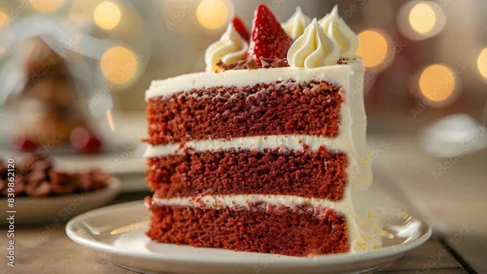 A slice of red velvet cake with rich, velvety layers, creamy frosting, and a fresh strawberry on top, beautifully captured with bokeh lighting in the background.