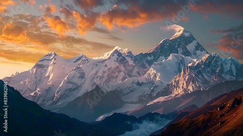 A realistic photo of a snow-capped mountain range at sunrise  with vibrant orange and pink clouds in the sky