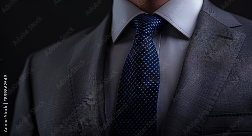 Formal business attire with blue patterned tie