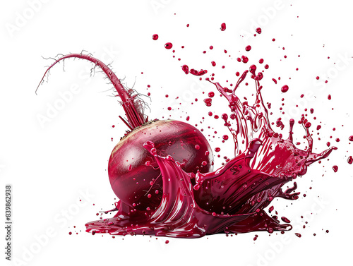 Close-up of a fresh beetroot with vibrant red juice splashing, isolated on a white background, perfect for fresh produce concept.
