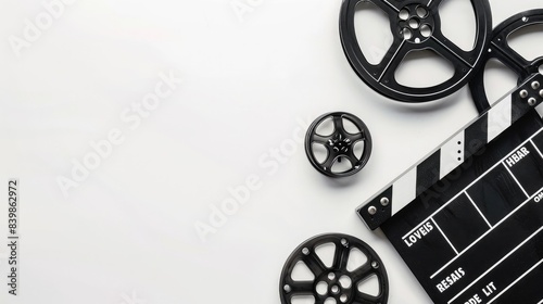 Photo of a clapperboard and film reel on a white background, in a flat lay style. Web banner with space on the right for text or logo.