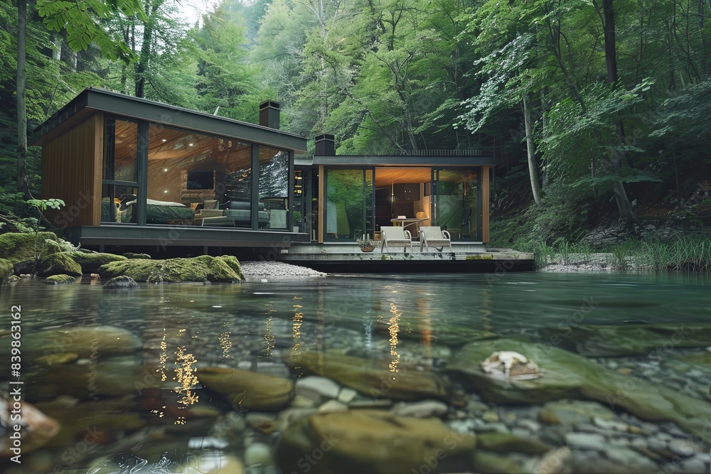 Obraz premium Experience the beauty of summer with a modern smart home in the forest and a clear river nearby