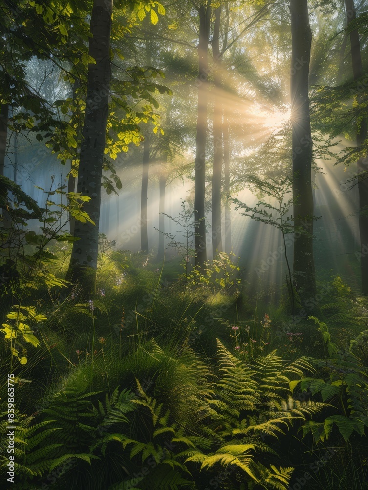 Obraz premium Enchanting forest scene with sunbeams shining through the trees