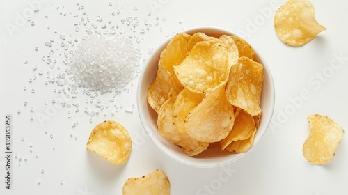 Photo of a flat lay composition with potato chips and salt on a white background, in a top view.